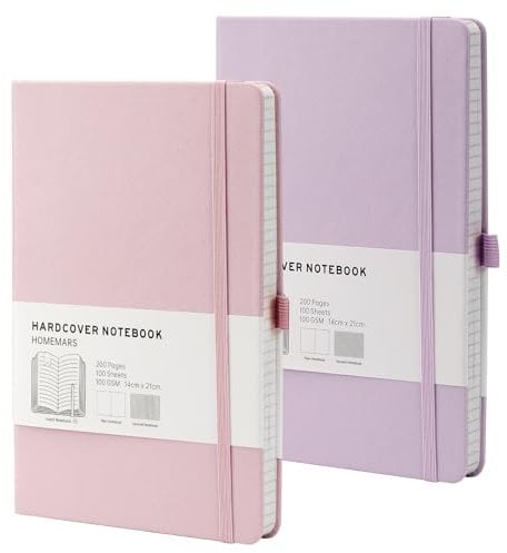 HOMEMARS Notizbuch, Notebook, a5 Kariert, Journal buch, Notizblock a5, Notizblock, Notizbücher A5, 100GSM, 200 Pages, 2 Stück, Notizbuch Kariert,Leder Hardcover