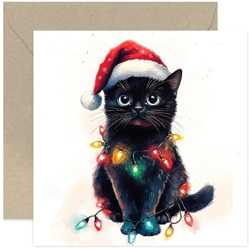 Tarjetas de Navidad de gato dulce – Tarjeta de felicitación de árbol de Navidad de gato negro con luces de árbol de Navidad – para dueño de gato – gatito – para tía, mamá hermana – Bonitas tarjetas de