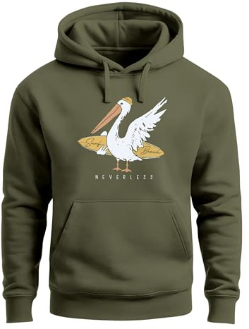 Neverless® Hoodie Herren Pelikan Print Surfer Surfboard Kapuzen-Pullover Männer Fashion Streetstyle Oliv L