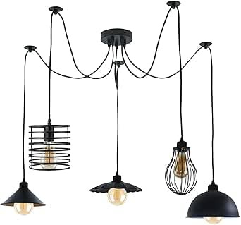 LEDSone Lampada a sospensione a soffitto a 5 vie Spider Loft industriale con paralume a forma di diamante Illuminazione interna con cavo regolabile da 2 m (Testa nera 5 con lampadina)
