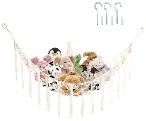 Kuscheltiere Eckhängematte, Boho Teddy Hängematte, Stofftiere Netzhalter, Plüschtiere Hängematte mit Haken, Kuscheltiere Aufbewahrungsnetz, Hängende Makramee Netz für Kinderzimmer