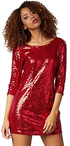 dressforfun Kostüm Damen, kurzes Paillettenkleid, Glitzer Kleid, Langarm Glitzer Oberteile Damen mit Glitzer Rock, Faschingskostüm, Karneval, sexy Disco Kostüm Damen, Rave Outfit Damen, rot, M