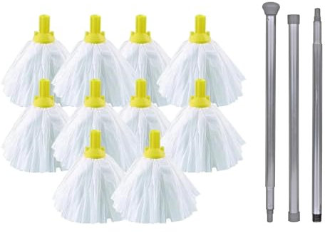 Large Floor Mops Mop Head Refills (10 Super Absorbent Mops With 140cm Handle) For Hard Floor Mopping Cleaning Home office and Commercial Use Yellow