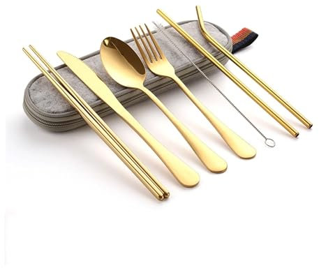 Caja individual de cubiertos de 8 Uds., adecuada for pícnic al aire libre, viajes, estudiantes, vajilla, palillos, tenedor, cuchara(Gold 8Pcs)