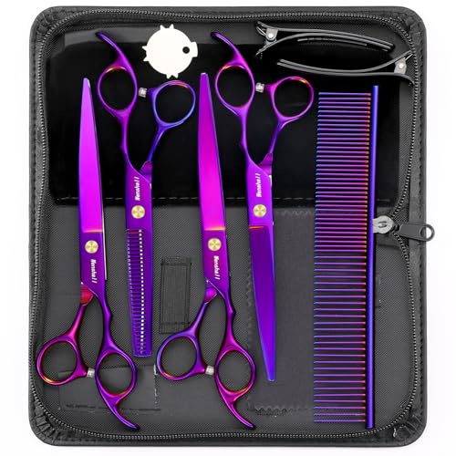 Wenshall 7,0 Zoll Hundepflege Schere Set Hund gerade Schere & Ausdünnungsschere & Gebogene & chunker & Comb 5Stk Set