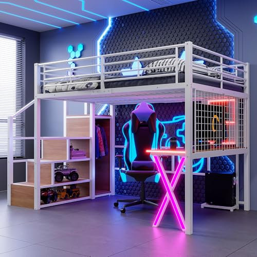 Zepneiy Hochbett 140x200 mit LED und Offener Lagerschrank, Kinderbett Hochbett mit Schreibtisch und Mehrere Regale, Jugendbett Doppelbett mit Leiter und Geländer, Weiß(Ohne Matratze)