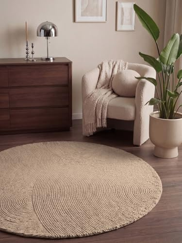 Hanse Home Wollteppich Calmio - Natur Wohnzimmerteppich Rund - Handgetuftet - Hygge Skandi, Boho Teppich Wolle für Wohnzimmer, Schlafzimmer, Esszimmer, Flur - Hellbeige, Ø200cm