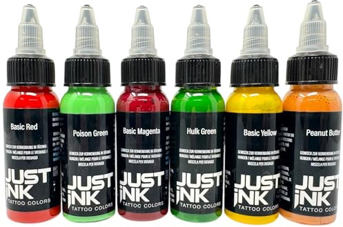 JUSTiNK 6x30ml BUNT COLOR Grün, Deutsche Profi TATTOO FARBE (REACH) - INKgrafiX®AKTION Just Ink Set