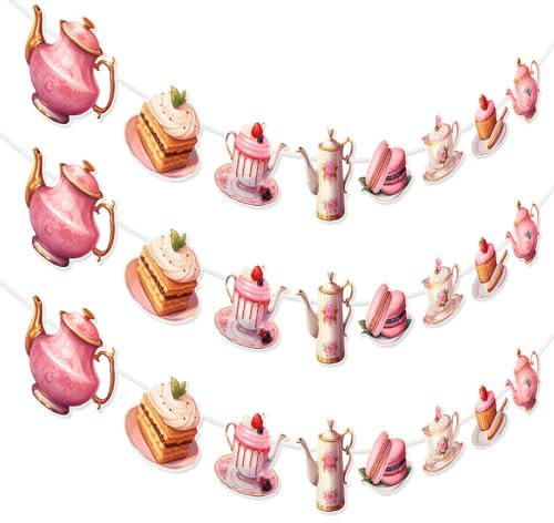 Sursurprise Tea Themed Party Decorations, 3PCS Tea Party Banner, Teapot Teacups Cake Garland, Floral Birthday Baby Shower Decor