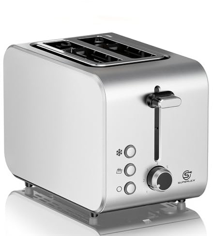 SUPERLEX 2-Slice Toaster 850W Brushed Stainless Steel with Extra Wide Slots | 7 Browning Settings, Defrost, Reheat & Cancel Functions, Removable Crumb Tray, for Bagels & Crumpets