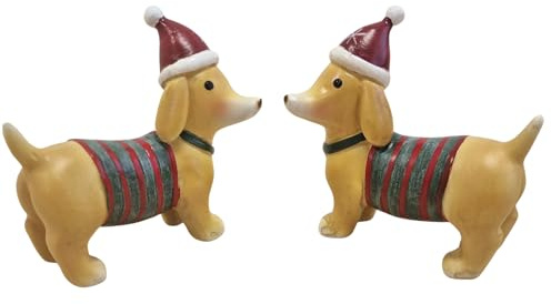 Dackel Weihnachtsfiguren, 2er Set: Hunde-Figuren mit Mütze, Deko Weihnachten & Winter, Weihnachtsdeko zum Hinstellen, Dekofiguren Miniatur Innen, Winterdeko Tisch, Hundedeko Stehend, 7,5 cm