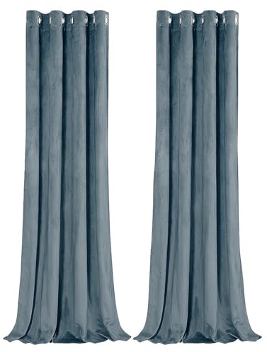 Happy Homewares Dusty Blue Blackout Curtains - 46 x 54 Inch Drop - Contemporary Eyelet Curtains with Soft Velvet Texture - 2 Panels for Bedroom or Living Room