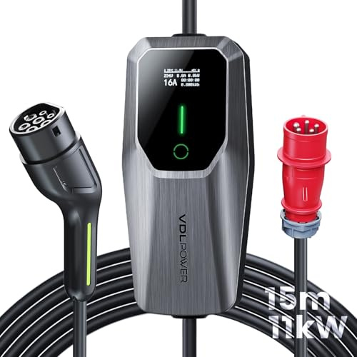 VDLPOWEREU Chargeur Voiture Electrique 15M,11KW EV Chargeur Type 2, Cable Recharge véhicule Electrique 6-16A avec CEE 3-phasé Prise, IP65 (IEC 62196-2), Écran LCD