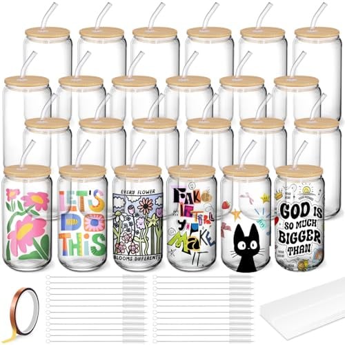 Cafultgo 24 Pack Sublimation Bottles Tumbler Cup 16OZ Sublimation Blanks Wholesale Clear Glass Mason Jar Tumbler Cups Mugs with Glass Straw for Beer, Iced Coffee, Juice, Soda, Drinks
