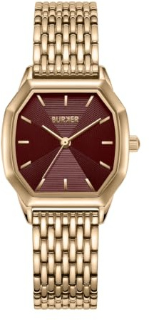 BURKER Damenuhr Julia, Hexagon-Gehäuse Damen Armbanduhr Gliederarmband Edelstahl Analog Quarz 3-ATM Wasserdicht - 32 mm - Gold Burgundy