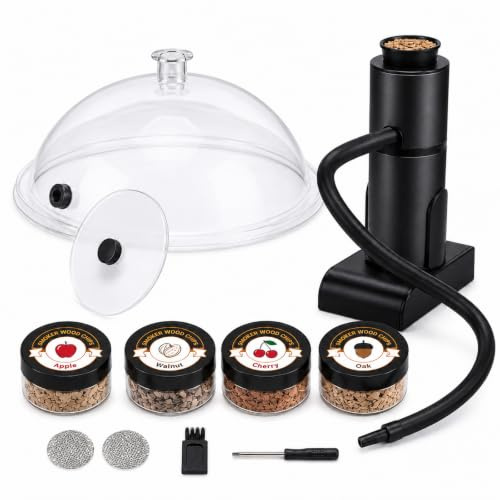 H HOLDPEAK Räucherpistole Set mit Räucherglocke für Cocktails & Speisen | Mit 4 Sorten Räucherchips, 2 Rauchstufen, abnehmbarem Schlauch und Reinigungszubehör zum Kalträuchern zu Hause.