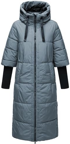 Navahoo Damen langer Wintermantel warmer Steppmantel mit Kapuze und Rippstrickärmeln Ciao Miau XIV XS-3XL