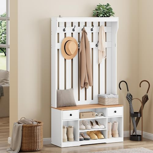 YITAHOME Garderobenständer mit Schuhbank, Garderobe 9 Haken, Flurgarderobe | Kleiderständer Schuhschrank 2 Stoff Schubladen, Garderobenschrank Holz Schuhschrank für Diele Flur Wohnzimmer, 100x35x180cm