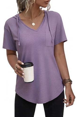 Aottori Felpa Donna Maglia Donna Estiva Cappuccio Maniche Corte Scollo a V | Miscela morbida elasticizzata, cappuccio, scollo a V e maniche corte, vestibilità larga per viaggio e tempo libero