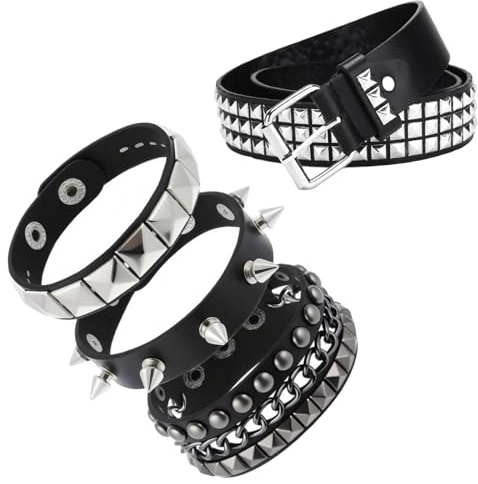 Y2K Nietengürtel, Unisex Studded Belt mit 3 Nietenarmband PU Ledergürtel | Glitzer Gürtel Set Punk Gothic Rock Accessoires für Party Konzert Cosplay (Schwarz )