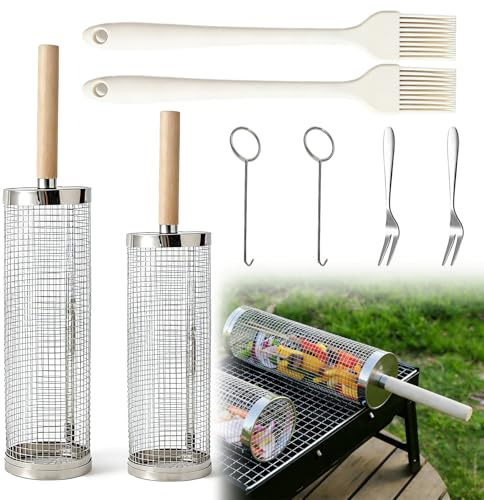 2Pcs Rolling Grill Basket, Nesting Grilling Net, BBQ Grill Basket with Removable Wooden Handles 304 Stainless Steel Barbecue Tools Accessories for Outdoor Cooking Camping