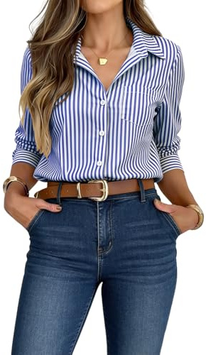 crazy bean Blusa Manga Larga Cuello en V con Botones Camisa Elegante Rayas Elegante Informal Casual de Trabajo