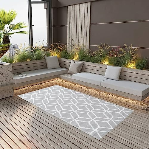 Mokuyary Outdoor-Teppich ARAKIL Grau 120x180 cm PP Outdoor Teppich Wetterfest Wohnzimmer Balkon Küchenteppich Grau und Weiß