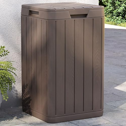Poubelle d'extérieur marron 80 l avec couvercle en polypropylène robuste, 38 x 38 x 65 cm, résistante aux intempéries, aspect bois, pour jardin, parc, maison et recyclage