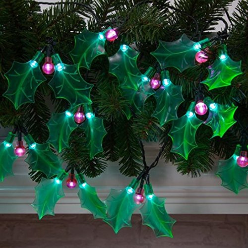 Battery Powered Green Holly Christmas Lights with Red Berries | Battery Operated, Green Cable, Static & Flashing Settings, Indoor/Outdoor Use