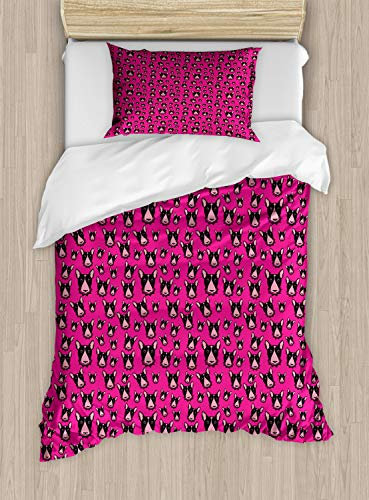 ABAKUHAUS Hunde Bettbezug Set Einzelbett, Bullterrier-Hundeköpfe auf Rosa, Top Qualität Weich und Warm 3 Teiligen Bettbezug mit 2 Kissenbezüge, Schwarz Pink