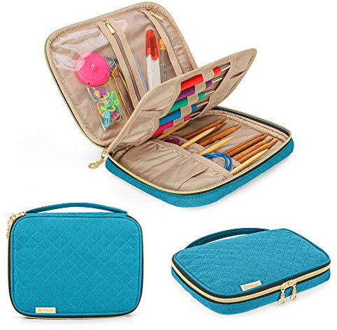 Yarwo Häkelnadeln Set Tasche, Stricken Zubehör Aufbewahrungstasche, Handarbeitstasche für Häkelsets und Stricken Werkzeuge Sets, Blaugrün