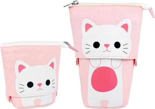 Jubaopen Cartoon Cute Cat Pencil Pouch Pink Standing Pen Holder Stationery Pen Case Telescopic Canvas Pen Pouch Bag with Zipper Canvas Telescopic Pencil Cases for Kids Students(17.5×12.5cm)