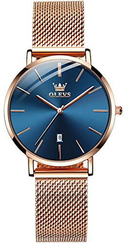 OLEVS Women Watch Rose Gold Stainless Steel Mesh Belt Watches for Women Minimalist Big Face Blue Ultra Thin Women's Wrist Watch Fashion Dress Waterproof Analog Quartz Ladies Watches
