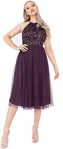 Maya Deluxe Women's Ladies Midi Dress with Halter Neck Tulle for Evening Graduation Prom Wedding Bridesmaids Ball Gown, Berry, 12