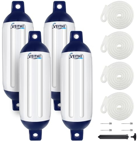 VEITHI Boat Fenders 4 Pack 6.5 x 23 inch,Ribbed Twin Eyes Vinyl Boat Bumpers Fenders,Boat Bumpers for Docking Come with Ropes Needles and Pump to Inflate,Pontoon Boat Fenders for Docking - White/Blue