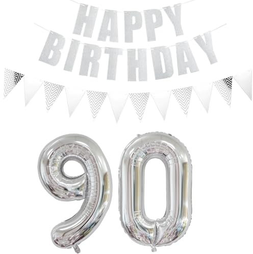 Luftballons Zahl 90 Silber + Happy Birthday Girlande + banner Folienballon 90.Geburtstags deko frau mann ballons 90 Jahre Geburtstag deko frauen Zahlenballon 90 Geburtstag dekoration Männer frau(90)