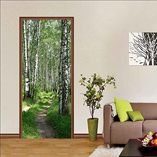 NXCNTD Stickers Porte Poster Paysage de bouleau de forêt 3D Papier Peint Porte Trompe l'oeil pour Salon Chambre Décoration De La Maison Stickers Muraux Imperméable Stickers Amovibles 77x200cm