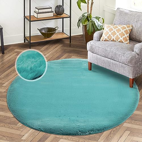 carpet city Hochflor Teppich Wohnzimmer - Einfarbig Petrol - 160x160 cm Rund - Super Soft Polyester, Samtig-Flauschiger Flor - Fell-Teppiche für Schlafzimmer, Esszimmer, Arbeitszimmer