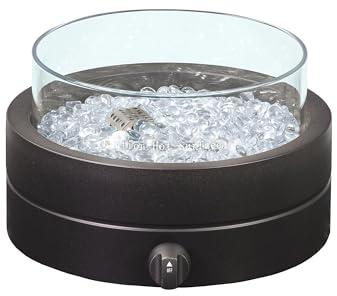 Amazon Basics 14-Inch Round Propane Fire Pit, 9000 BTU Portable Tabletop Fireplace with Glass Stones, Umbrella Hole Compatible for Outdoor Patio Tables, Gas Fire Pit for Dining, Brown