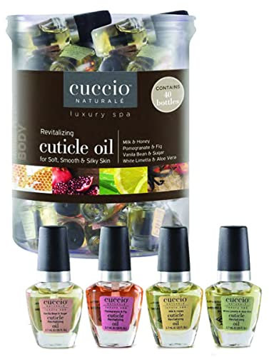 Cuccio Mini Cuticle Revitalising Oil - tub of 40 x 3.7ml bottles. 10 x Milk & Honey, 10 X Pom & Fig 10 X White Limetta 10 X Vanilla Bean