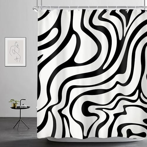 Riyidecor Vintage Schwarz Weiß Duschvorhang 152x183 cm (BxH), abstrakte Kunst, Wellen, Streifen, geometrisch, 60er 70er Jahre, Retro, einfach, ästhetisch, Trippy, wasserdicht, 12 Stück