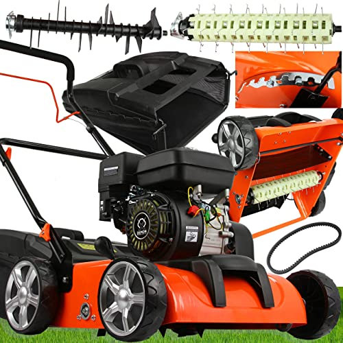 IMJ-Global Escarificador 3 en 1 de 5 CV de explosión de 196 cc 3,8 kW Motor de 4 tiempos Gasolina para césped | 2 rodillos intercambiables | 8 niveles de ajuste de altura | Cesta incluida
