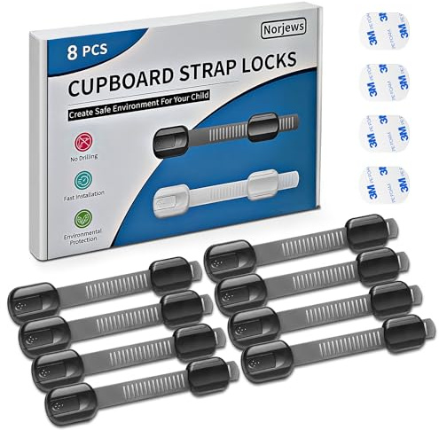 Norjews Child Safety Cupboard Locks, Baby Proof Cabinet & Drawer Straps | 8 Pack, Black, Adjustable, No Trapped Fingers, Easy to Install, Fits Cupboards, Cabinets, Drawers, Doors, Fridge & Bins