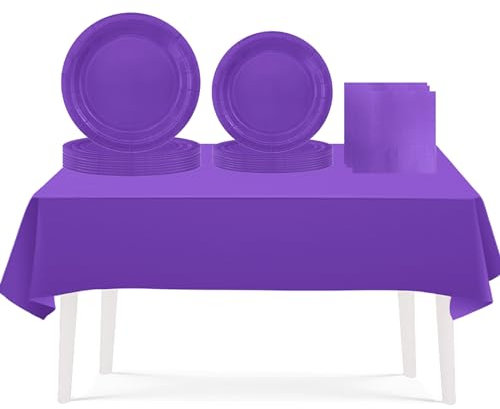 53PCS Deep Purple Party Tableware Decorations for Kids Birthday, Disposable Tableware Set with TableCloth, Table Covers, 7inch & 9inch Paper Plates, Paper Napkins for Halloween, Birthday