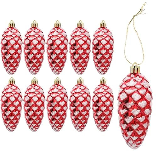 DAHI 10pcs Glitzer Christbaumanhänger Tannenbaum Zapfen rot Christbaumschmuck Weihnachtskugeln für Weihnachtsbaum-Dekoration (rot-A)