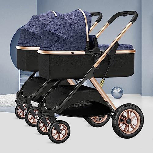 YCKEGEW Doppelsitziger Zwillings-Baby-Kinderwagen Luxus-Kinderwagen Tandem-Kinderwagen Side by Side, Abnehmbarer Kinderwagen Von Geburt Bis 15 Kg, Kleinkind Zwillinge Kinderwagen (Color : Blauw)
