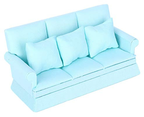 RiToEasysports Puppenhaus-Sofa, 1:12 Puppenhaus-Couch, Hochsimuliertes Puppenhaus-Sofa aus Holz mit DREI Kissen, Wohnzimmermöbel, Puppenhaus-Dekorationszubehör (Wasserblau)