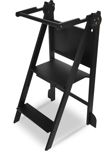 Oemmie Torre Montessori Pieghevole in Legno Nero – Torre di Apprendimento per Bambini con Lavagna e Altezza Regolabile, Salvaspazio, Sicura e Stabile per Cucina e Bagno