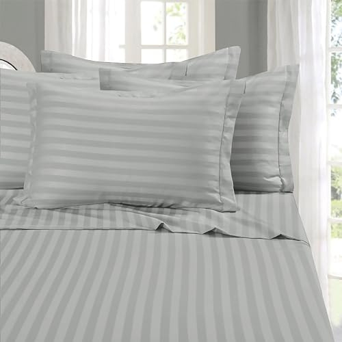 Elegant Comfort Softest and Coziest 6-Piece Sheet Set - 1500 Premium Hotel Quality Microfiber - Deep Pocket, Wrinkle Resistant 6-Piece Damask Stripe Bed Sheet Set, California King, Silver