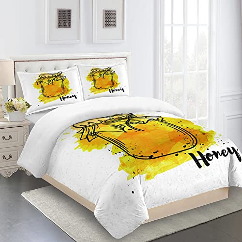 OUSIKA Duvet Covers Single Bed 135X200Cm 3 Pcs 3D Yellow Honey Jar Printed Bedding Set Single Bed Ultra Soft Hypoallergenic Microfiber Quilt Cover Set With Zipper Closure And 2 Pillowcases